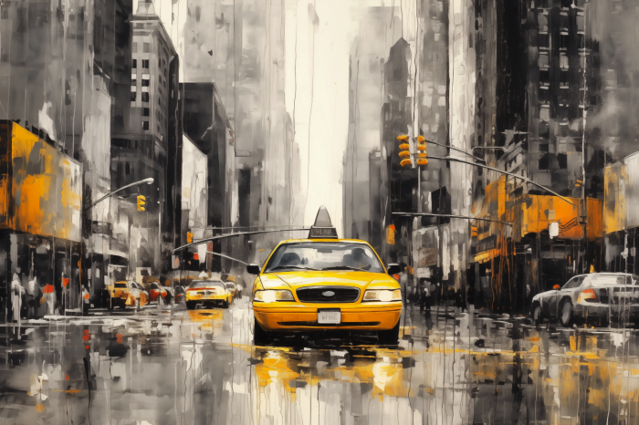 Tableau  New York avec un taxi jaune en noir et blanc