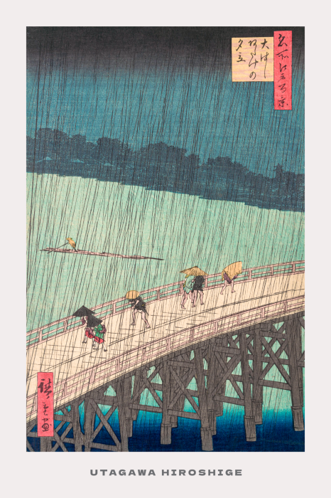 Tableau  Des gens traversent un pont sous la pluie