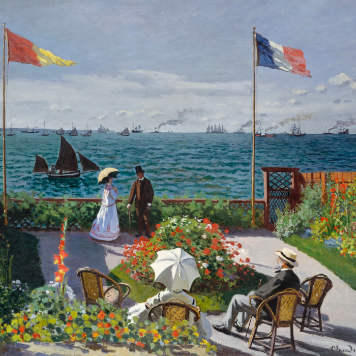 Tableau  Une terrasse fleurie en bord de mer avec un petit bateau