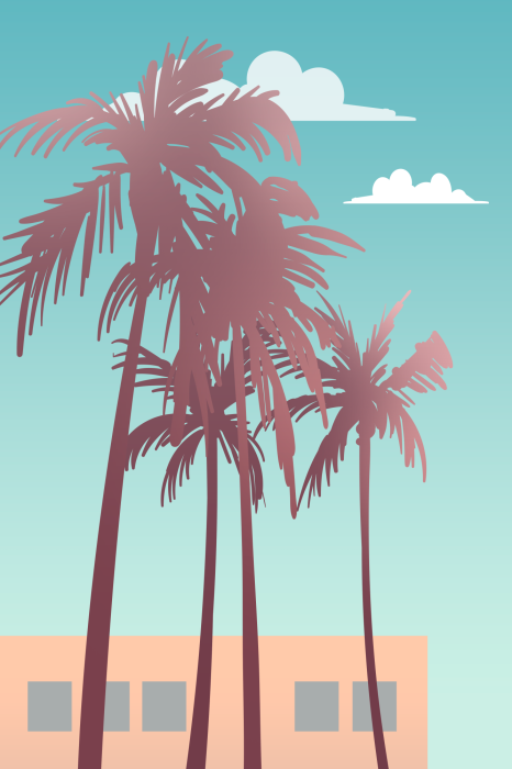 Tableau  Graphismes rétro de palmiers avec un bâtiment en arrière-plan