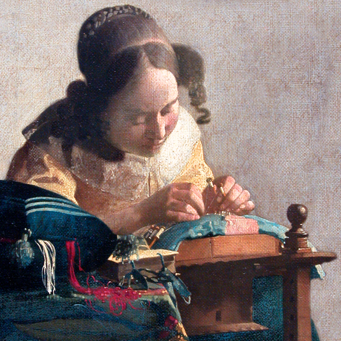 Tableau  Une jeune fille en corset brodant de la dentelle