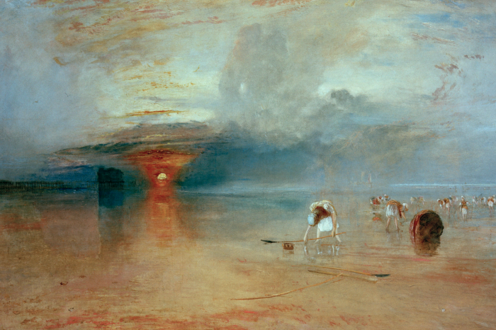 Tableau  Des pêcheurs au bord de la mer, au crépuscule.
