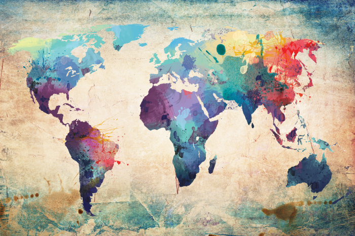 Tableau  Carte du monde artistique et colorée avec un effet de vieux papier