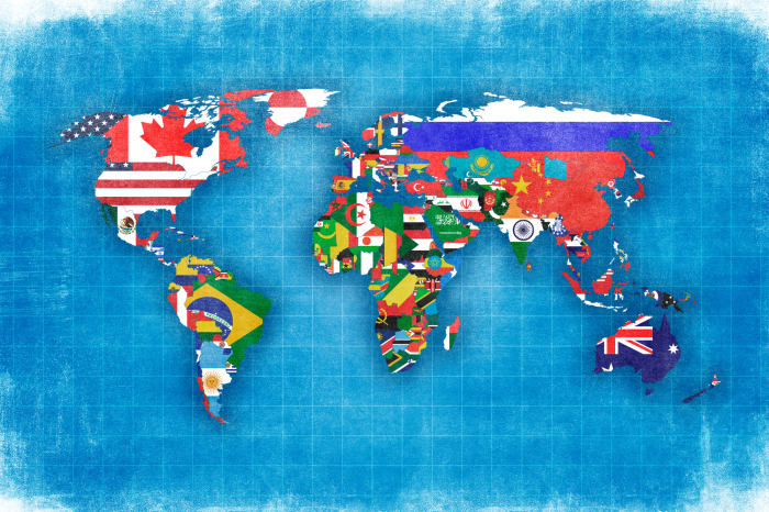 Tableau  Illustration du monde avec les drapeaux des pays à l&#39;intérieur des frontières continentales
