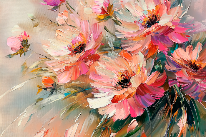 Tableau  Des fleurs dans une palette expressive de rose et d&#39;orange