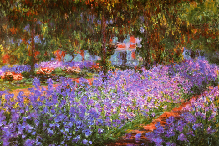 Tableau  Fleurs violettes dans une prairie fleurie entourée d&#39;arbres