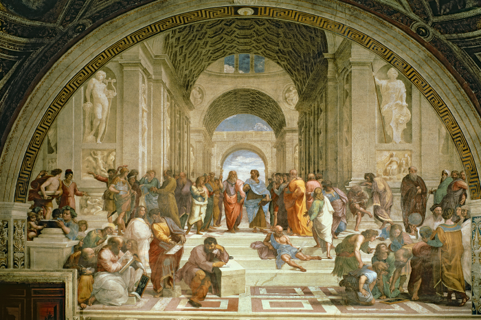 Tableau  Figures de grands penseurs dans une fresque de la Renaissance