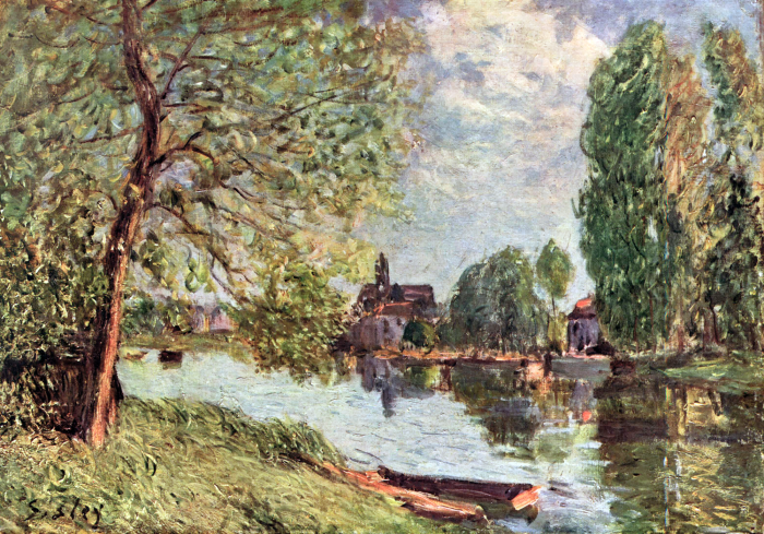 Tableau  Un paysage avec une rivière tranquille et des bateaux entourés d&#39;arbres.