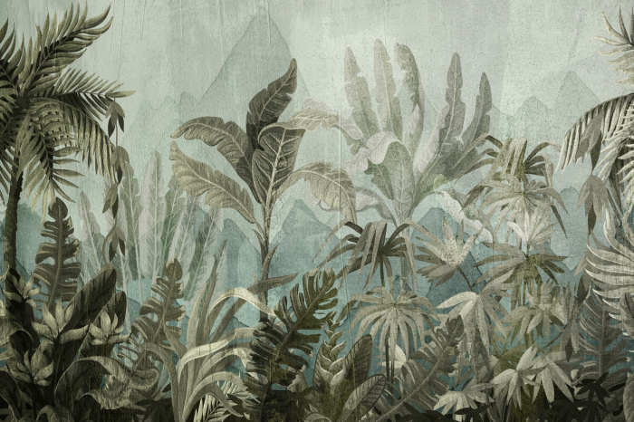 Tableau  Feuilles tropicales et palmiers dans des tons de vert foncé