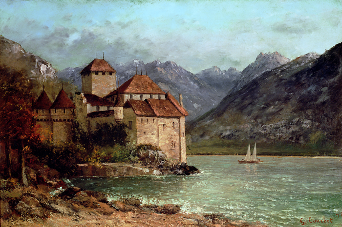 Tableau  Un château sur la rive rocheuse d&#39;un lac de montagne