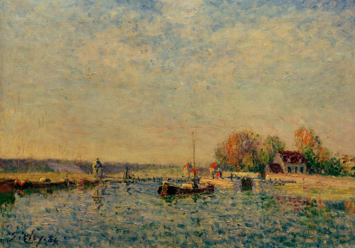 Tableau  Paysage à l&#39;aquarelle avec un bateau sur un lac et une maison en arrière-plan