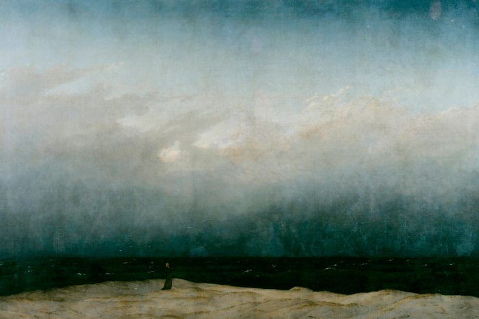 Tableau  Un vagabond solitaire sur un rivage rocheux