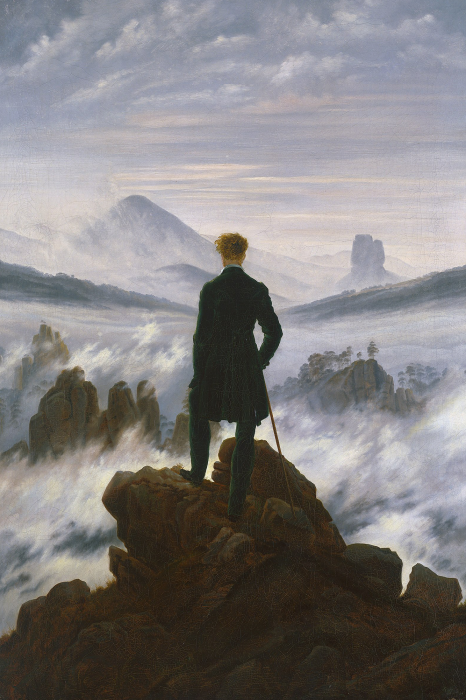 Tableau  Un homme élégant debout sur un pic rocheux