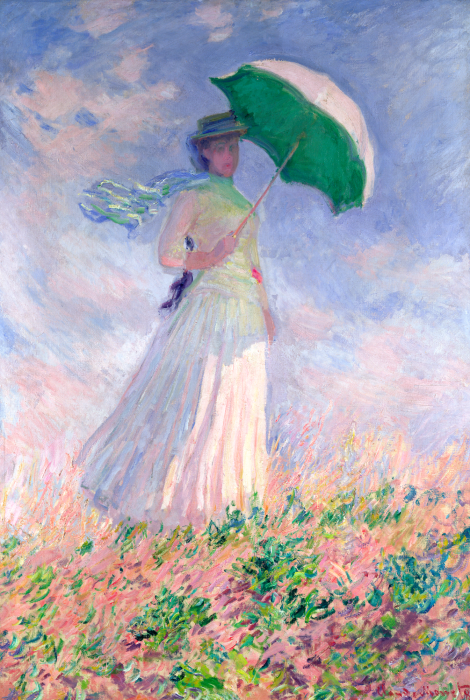 Tableau  Une femme se promène dans une prairie fleurie avec un parapluie.