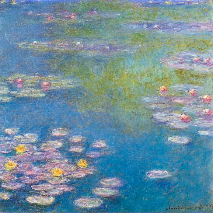 Tableau  Un lac bleu avec des nénuphars en fleurs