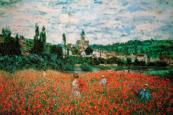 Tableau  Des silhouettes dans une prairie parmi les coquelicots surplombant une ville vallonnée