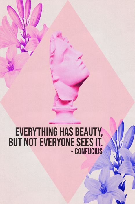 Tableau  Beauty in the Eyes - Inspirational Quote with Pink Bust and Flowers