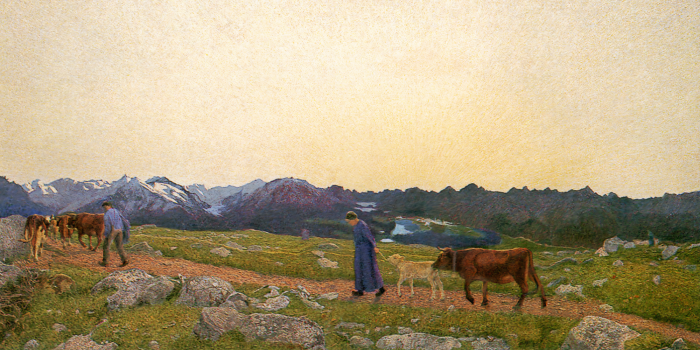 Tableau  Des personnes menant un troupeau de vaches à travers une clairière pittoresque dans les montagnes