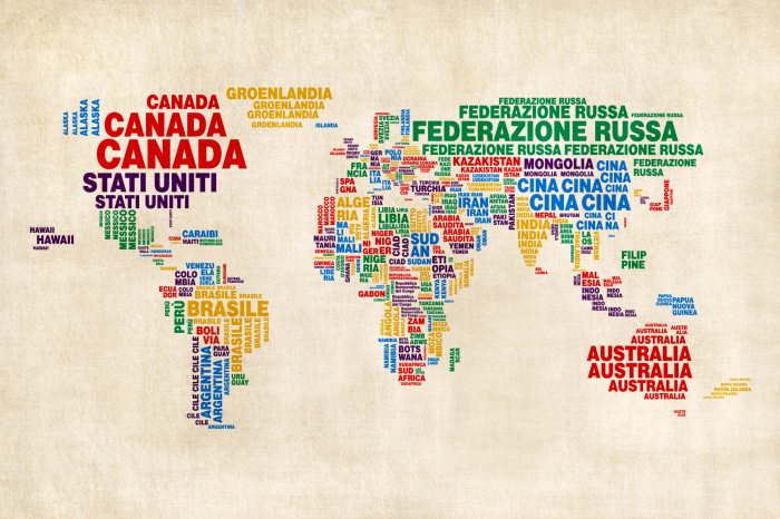Tableau  Une carte du monde colorée, composée de légendes de pays en italien.