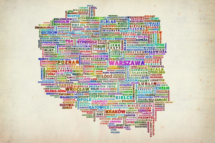 Tableau  Une carte colorée de la Pologne composée de noms de lieux.