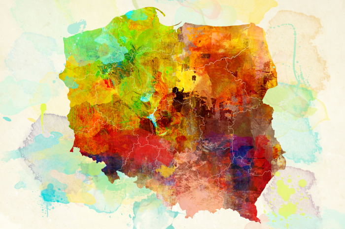 Tableau  Carte artistique de la Pologne avec les frontières des voïvodies indiquées.