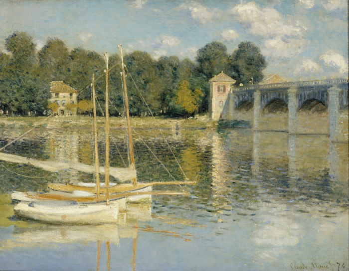 Tableau  Des bateaux pittoresques sur la rivière avec vue sur le pont historique