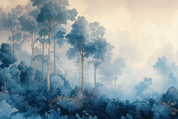 Tableau  Landscape with Trees in Illustrative Style Fairy-Tale Blue Forest