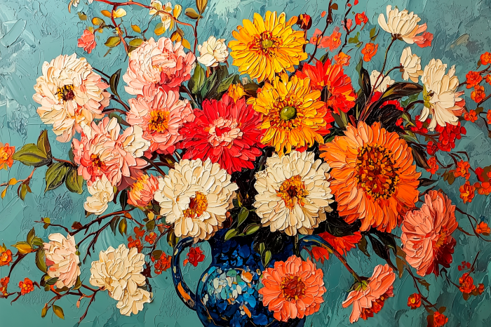 Tableau  Dahlias et chrysanthèmes colorés dans un vase