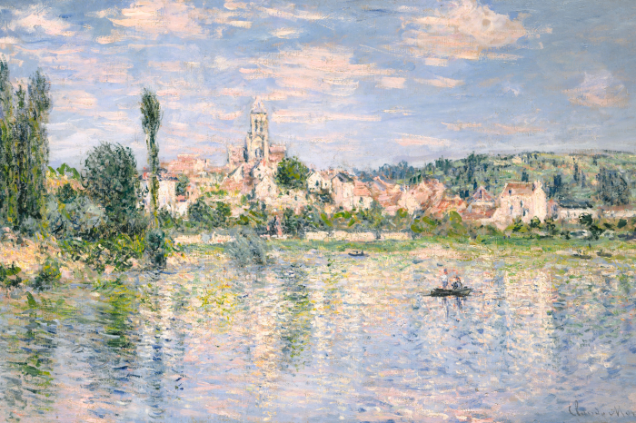 Tableau  Un lac paisible avec un bateau et une ville historique