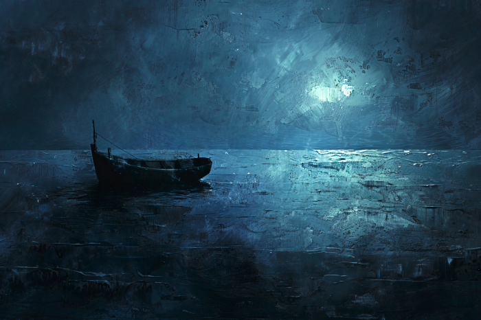 Tableau  Tableau d&#39;un bateau sur un lac aux tons sombres