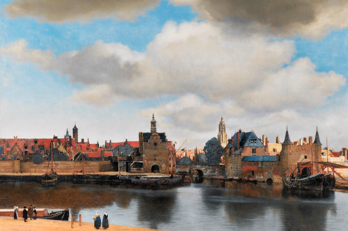 Tableau  Une charmante ville entourée d&#39;un lit de rivière sinueux