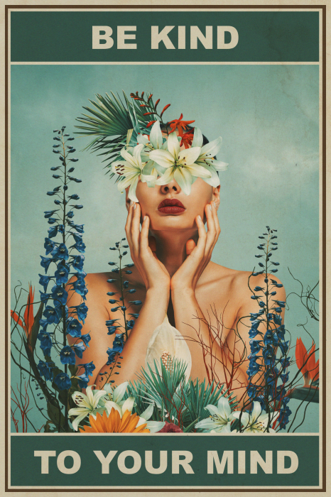 Tableau  Une femme entourée de fleurs et les mots « Prenez soin de votre esprit »