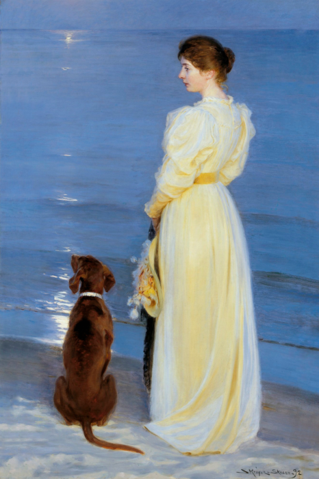 Tableau  Une femme en robe blanche promène son chien sur la plage en été