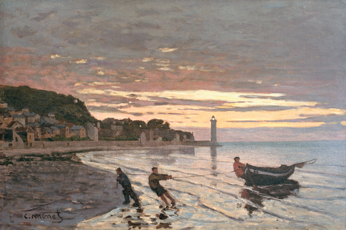 Tableau  Des bateaux sont remorqués hors du port d&#39;Honfleur au coucher du soleil.