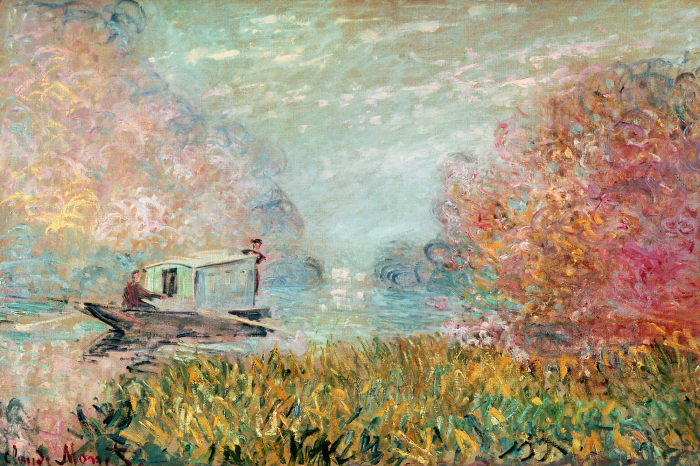 Tableau  Un pêcheur dans une barque parmi les roseaux d&#39;automne