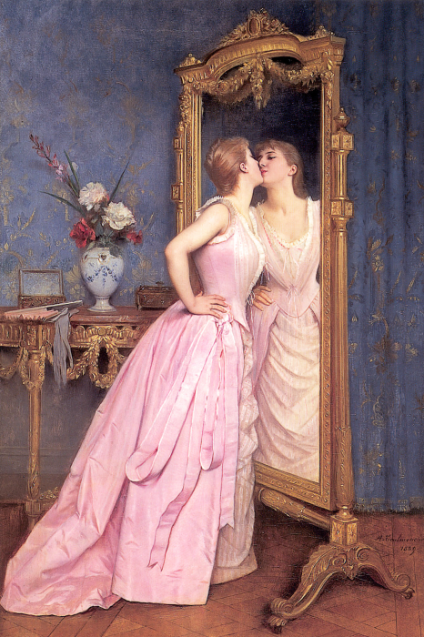 Tableau  Une femme en robe rose se regarde dans le miroir