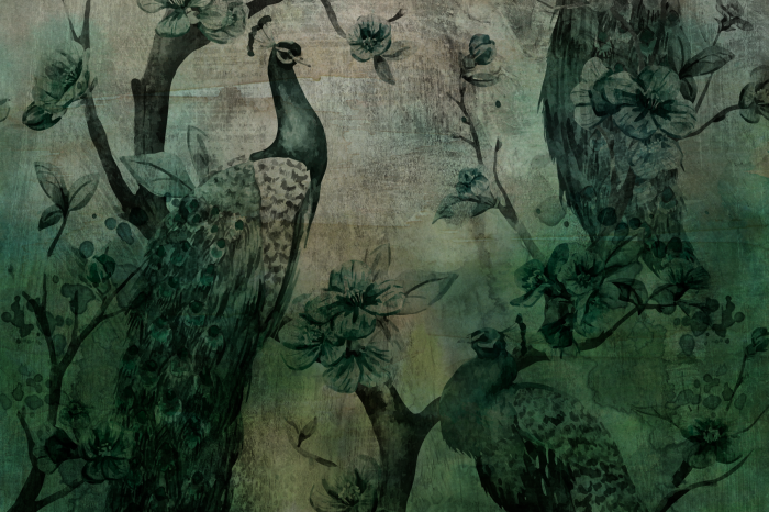 Tableau  Motif vert foncé avec un paon et des fleurs sur un fond texturé