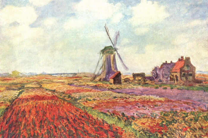 Tableau  Un paysage pittoresque avec un champ de fleurs, un chalet et un moulin à vent