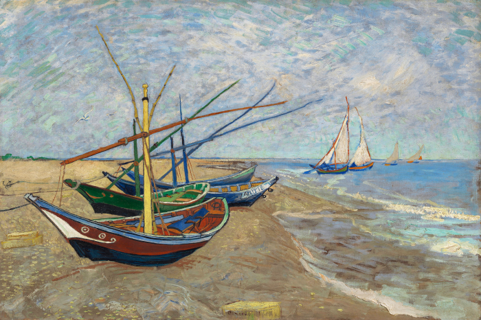 Tableau  Une plage tranquille au sable fin et aux bateaux en mer