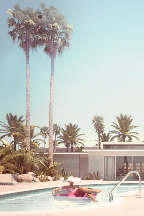 Tableau  Femme dans une piscine à côté d&#39;une maison moderne de style californien