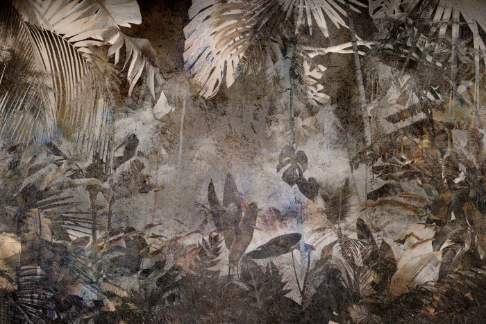 Tableau  Feuilles tropicales sur une surface texturée vieillie