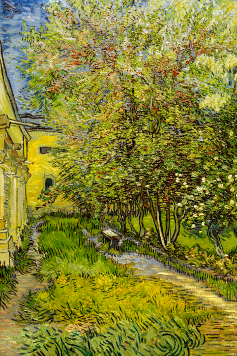 Tableau  Un jardin pittoresque, plein de verdure et d&#39;arbres en fleurs