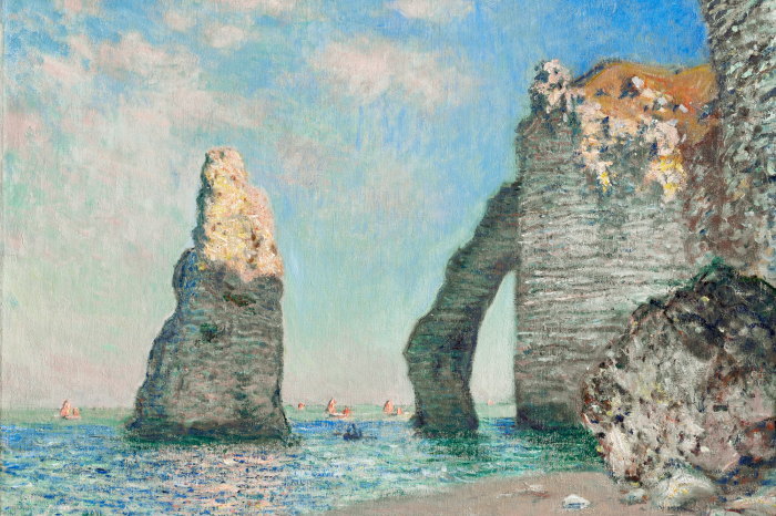 Tableau  D&#39;impressionnantes collines rocheuses surplombent la plage tranquille.