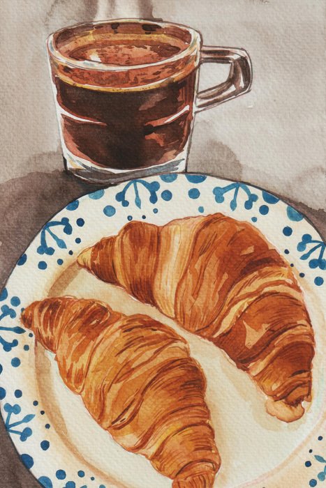 Tableau  Une assiette décorative avec des croissants et une tasse de café noir
