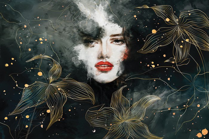 Tableau  Portrait d&#39;une femme entourée de fleurs dorées