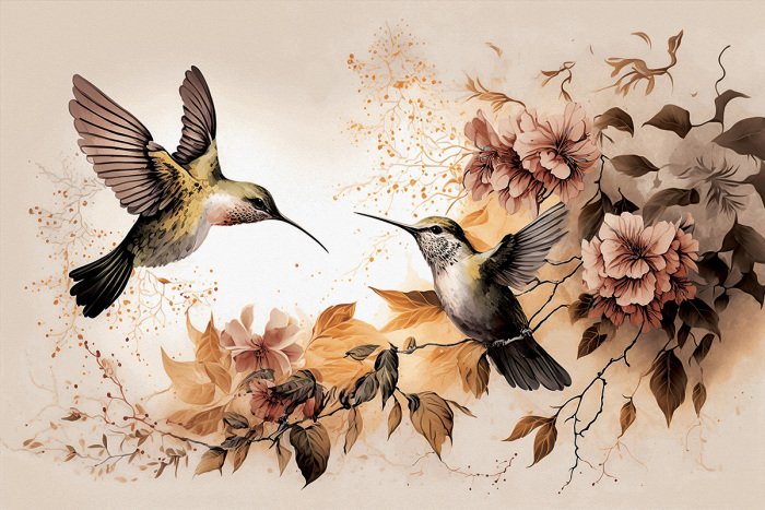 Tableau  Oiseaux printaniers planant au-dessus de fleurs colorées
