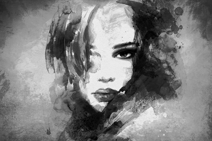 Tableau  Élégant portrait à l&#39;aquarelle en noir et blanc d&#39;une femme