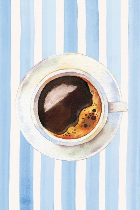 Tableau  Une tasse de café noir minimaliste sur un fond rayé.