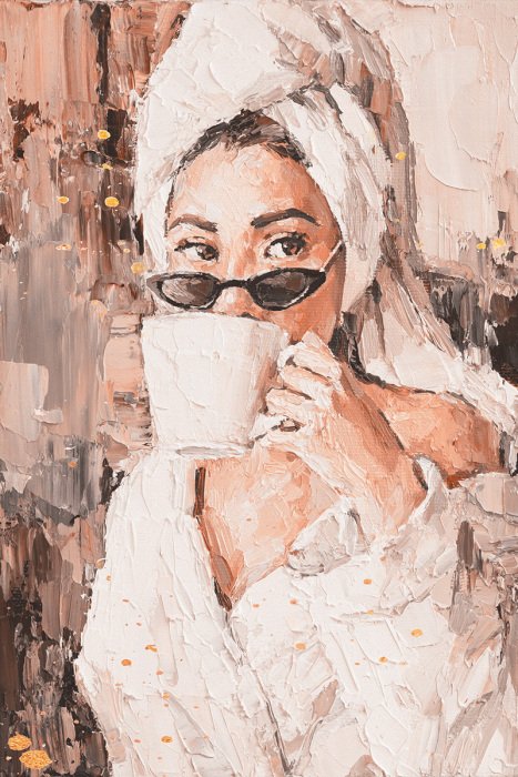 Tableau  Les instants matinaux d&#39;une femme après un bain et un café