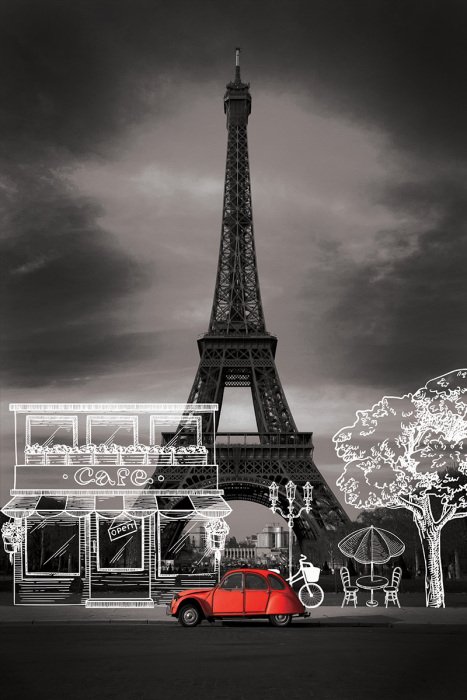 Tableau  Tour Eiffel avec une voiture rouge